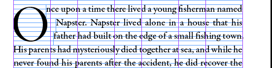 [Screen capture of InDesign CS6, showing how the story text book must be broken up to kern the drop cap on the page]