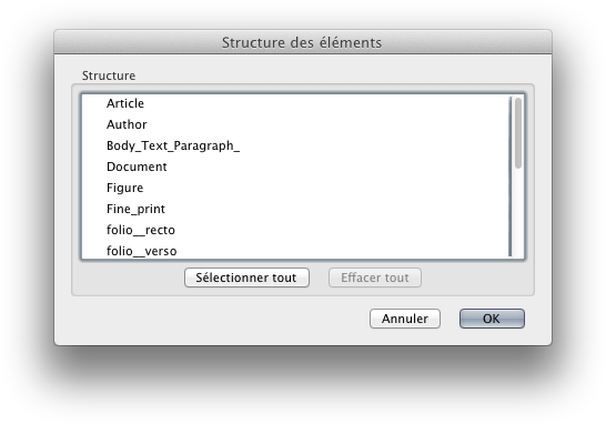 [Screen capture of InDesign CS6, showing how the names of paragraph styles have been truncated. Listed under ‘Structure’ are Article, Author, Body_Text_Paragraph_, Document, Figure, Fine_print, folio__recto, and folio__verso.]